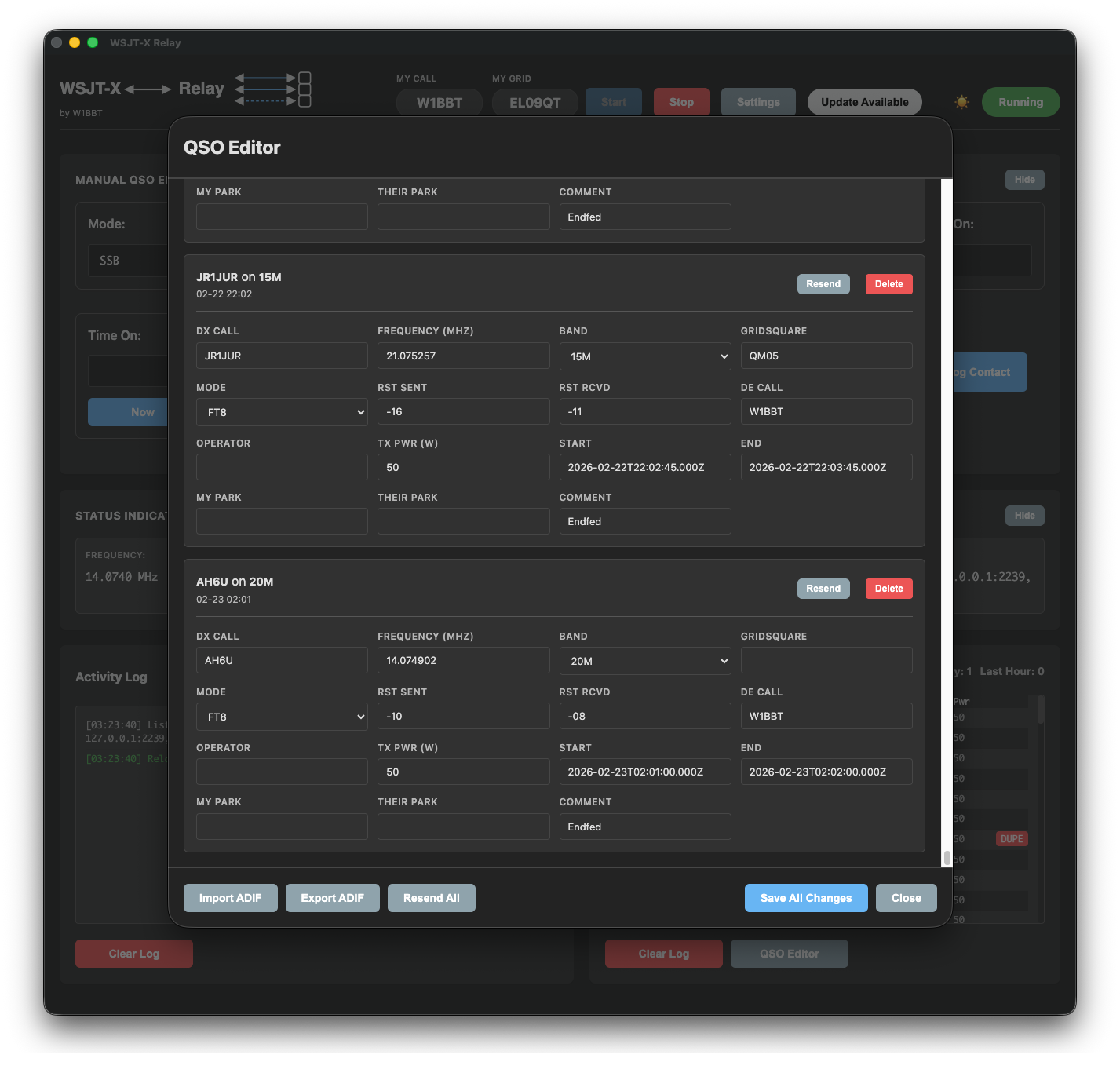 WSJT-X Relay QSO editor window